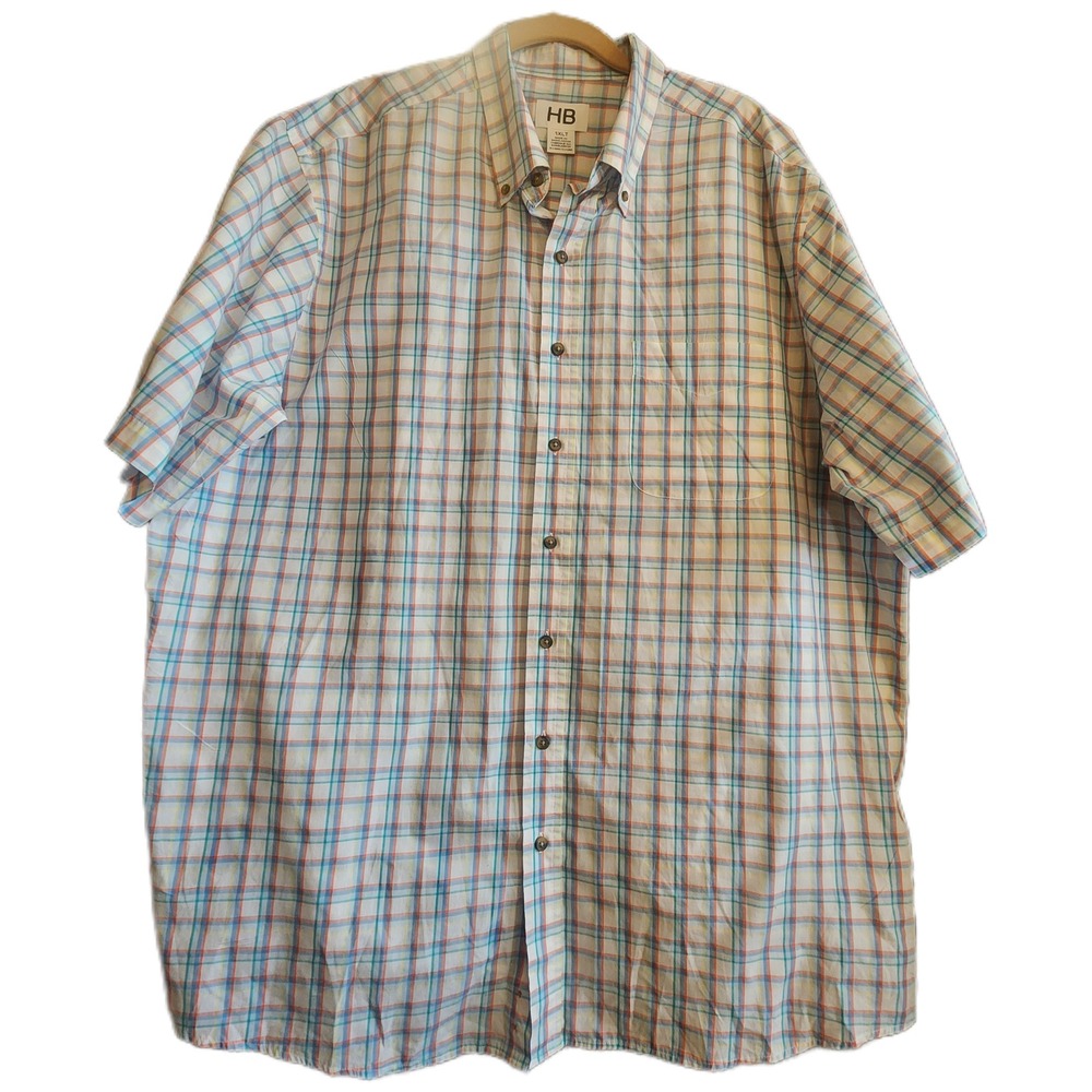 HB Mens 1XLT Plaid Short Sleeve Button Down Shirt Blue Orange Tall Casual